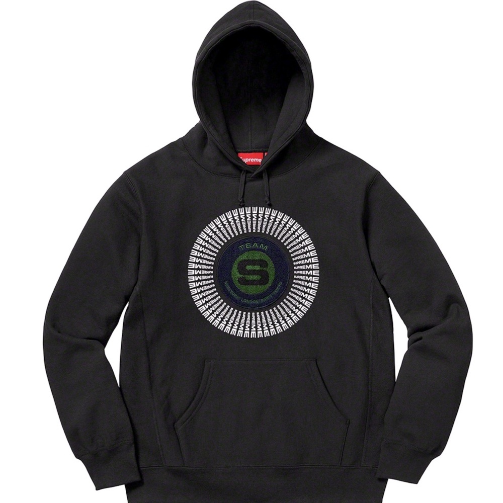SUPREME UNISEX CHENILLE APPLIQUÉ HOODED SWEATSHIRT IN BLACK MEDIUM